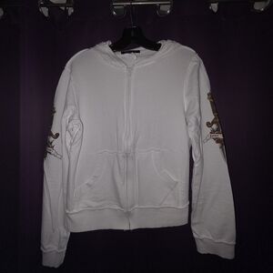 Heart Moon Star Women's White Zip-Up Hoodie with Graphic Sleeves